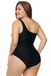 One Shoulder Grid Cutout Side Plus Size One Piece Swimwear